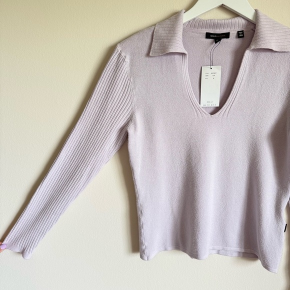 BCBG Max Azria Women’s Y2K Fitted Knit Lilac Collared Top Shirt Blouse M - Picture 4 of 7